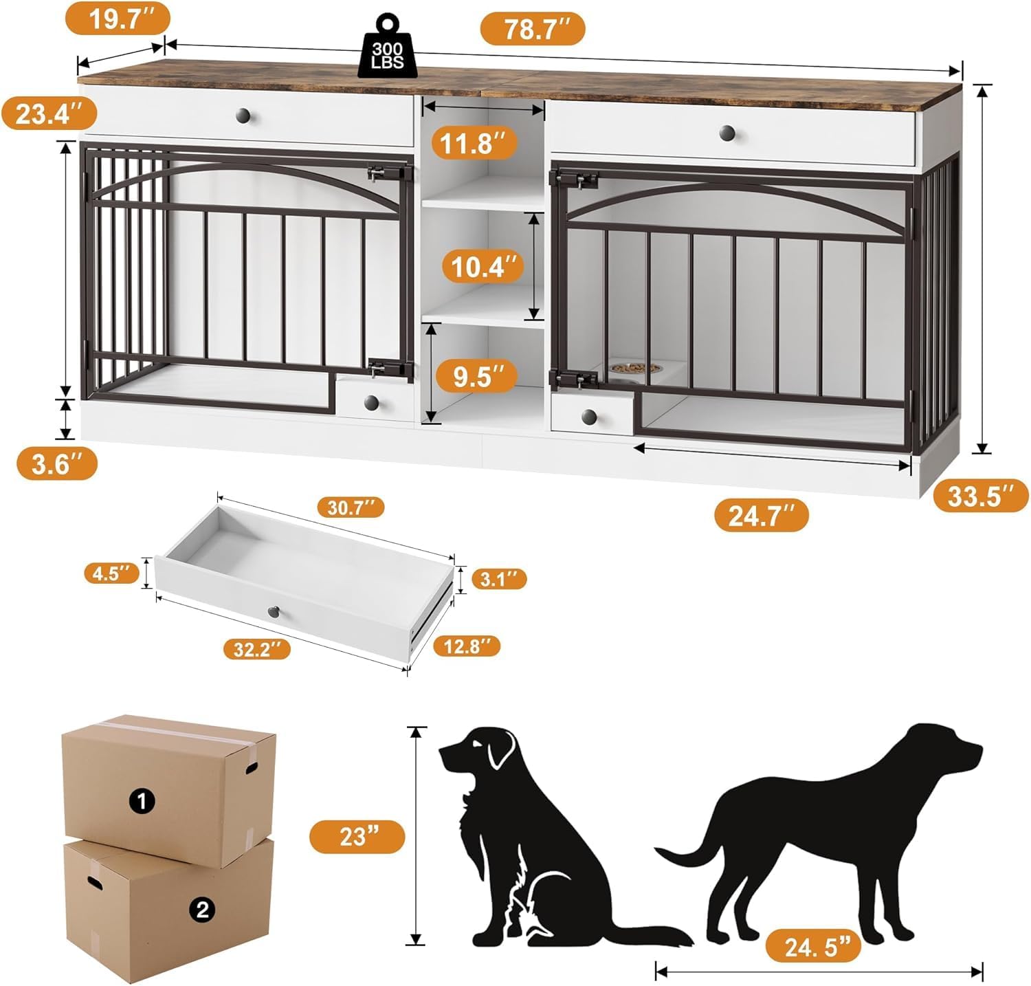 Garvee Dog Crate Furniture for 2 Dogs, 78.7" Large Dog Kennel Indoor with 2 Storage Drawers, 3 Shelves and Feeding Bowls, Double Dog Crate TV Stand for Small and Medium Dogs, White&Brown Top