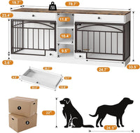 Garvee Dog Crate Furniture for 2 Dogs, 78.7" Large Dog Kennel Indoor with 2 Storage Drawers, 3 Shelves and Feeding Bowls, Double Dog Crate TV Stand for Small and Medium Dogs, White&Brown Top