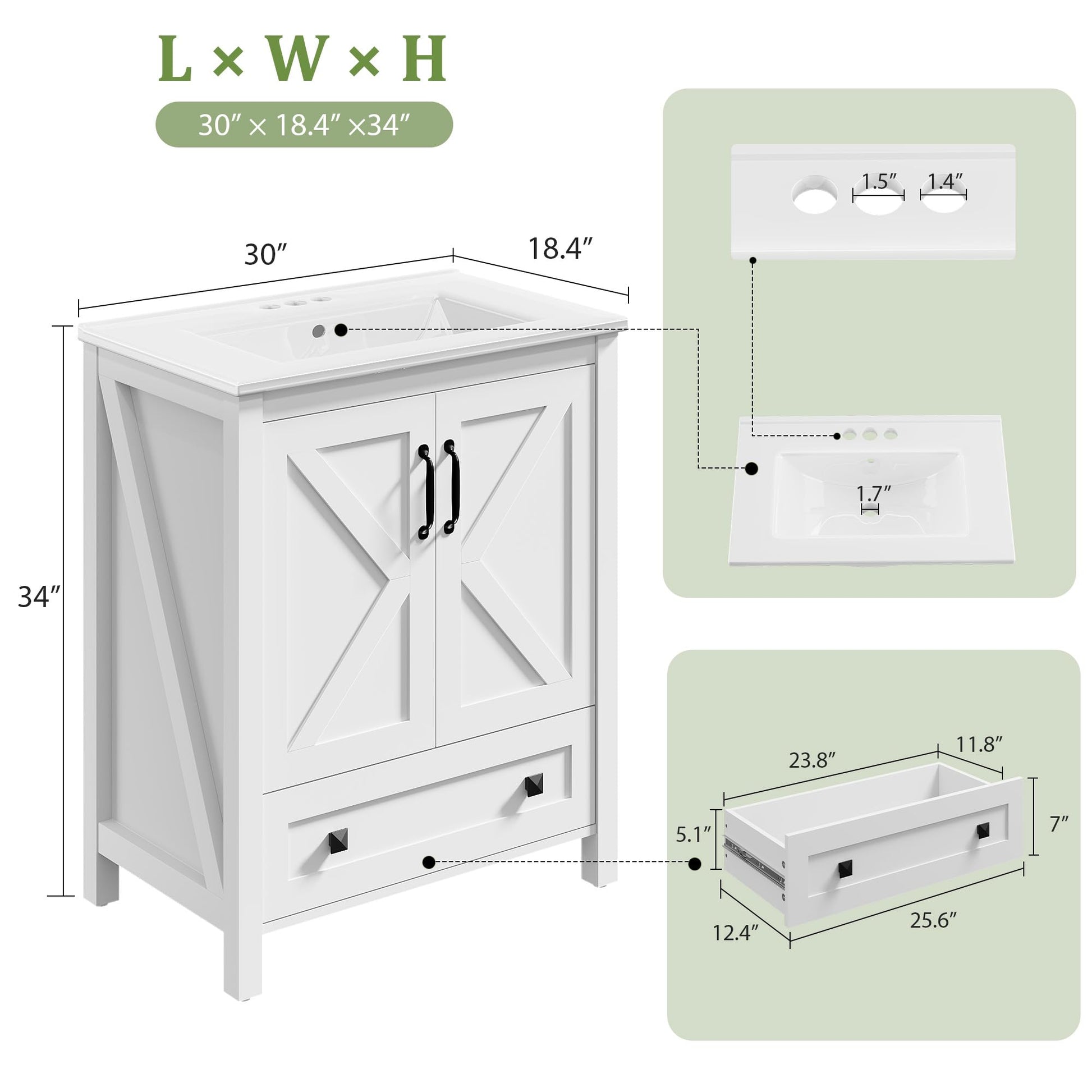 Garvee Modern 30" Freestanding Bathroom Vanity with with 2 Doors and Storage Drawer for Bathroom, White