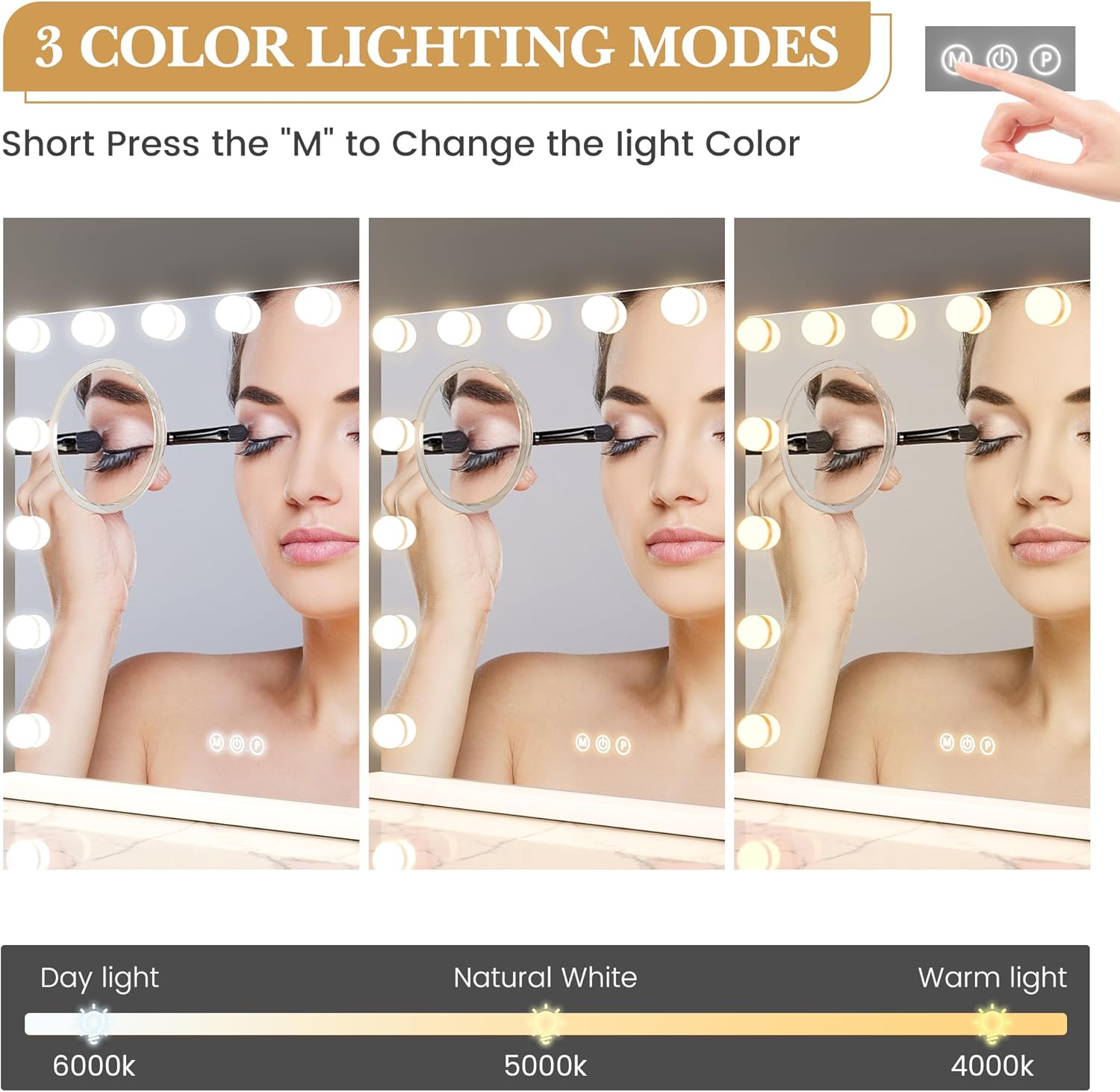 Garvee Vanity Mirror with Lights, Tabletop Lighted Mirror with 15 Dimmable LED Bulbs, Makeup Mirror with 3X Magnification, 3 Colors Modes,Touch Control, USB Charging Port, 23”x18”, White