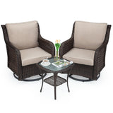 Garvee 3-Piece Outdoor Rattan Swivel Rocking Chair Set - Patio Bistro Conversation Furniture with Cushions & Table, Beige Encrypted Rattan - Beige-Encrypted Rattan