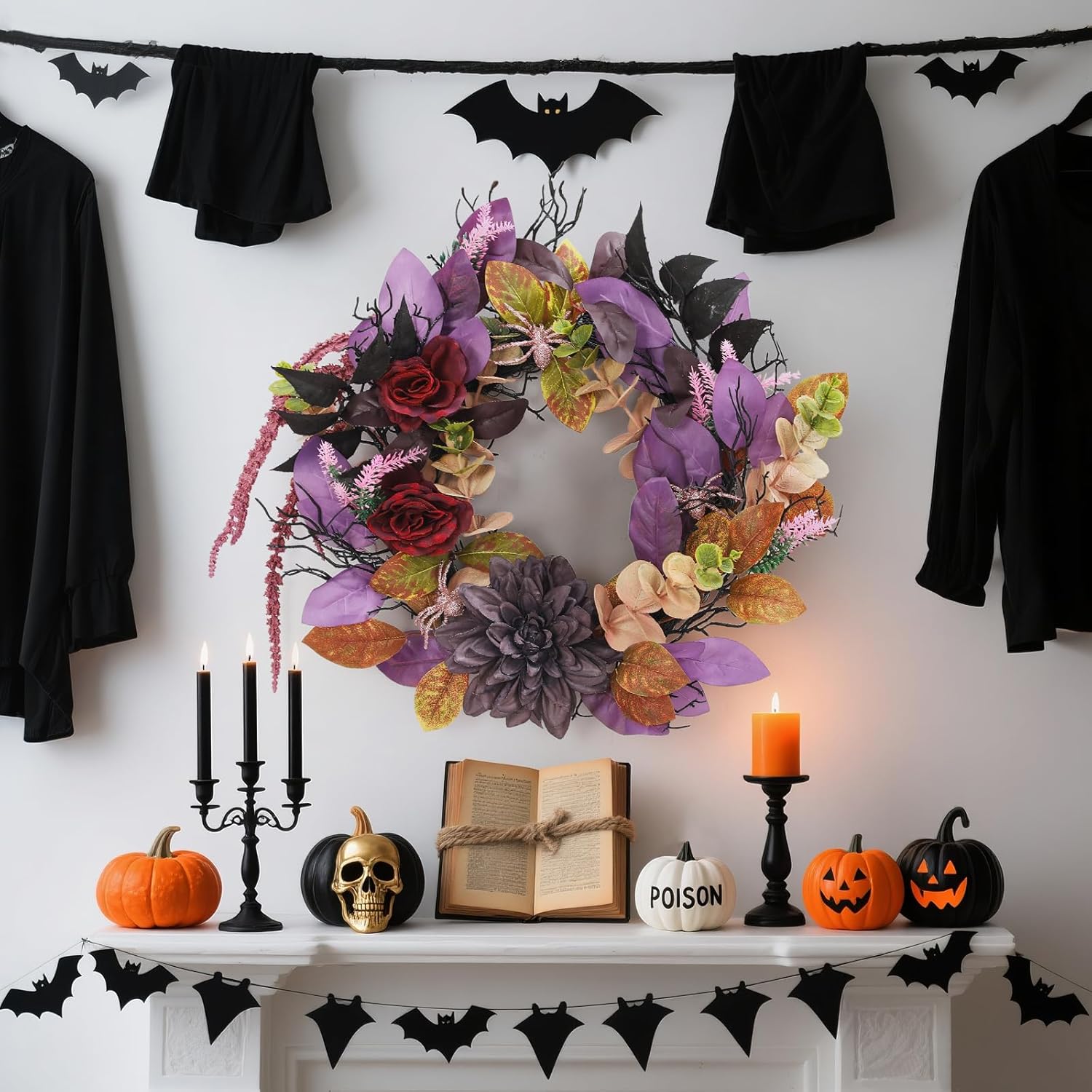 Garvee 18 Inch Halloween Wreath, Halloween Garland with Artificial Roses & Spiders, Indoor Outdoor Holiday Accent Decoration for Front Door Porch Wall Home Party Window, Red & Purple