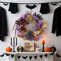 Garvee 18 Inch Halloween Wreath, Halloween Garland with Artificial Roses & Spiders, Indoor Outdoor Holiday Accent Decoration for Front Door Porch Wall Home Party Window, Red & Purple