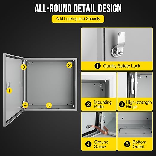 Garvee Junction Box, Steel Electrical Box 24x24x12", NEMA 4X Electrical Enclosure Box IP66 Waterproof & Dustproof, Universal Electrical Project Box with Lock & Mounting Plate