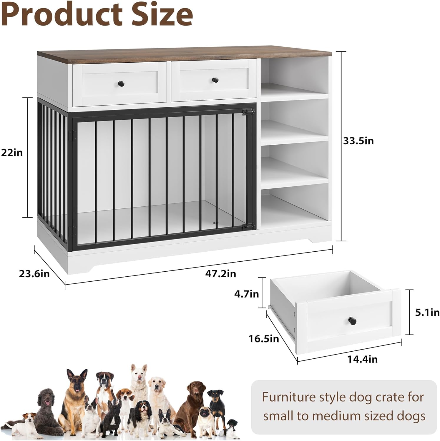 Garvee 47" Dog Crate Furniture Indoor with 2 Drawers & 4 Shelves, Large Dogs Kennel Furniture TV Stand, Wooden Dog Cage for Large Medium Dogs, White & Brown Top