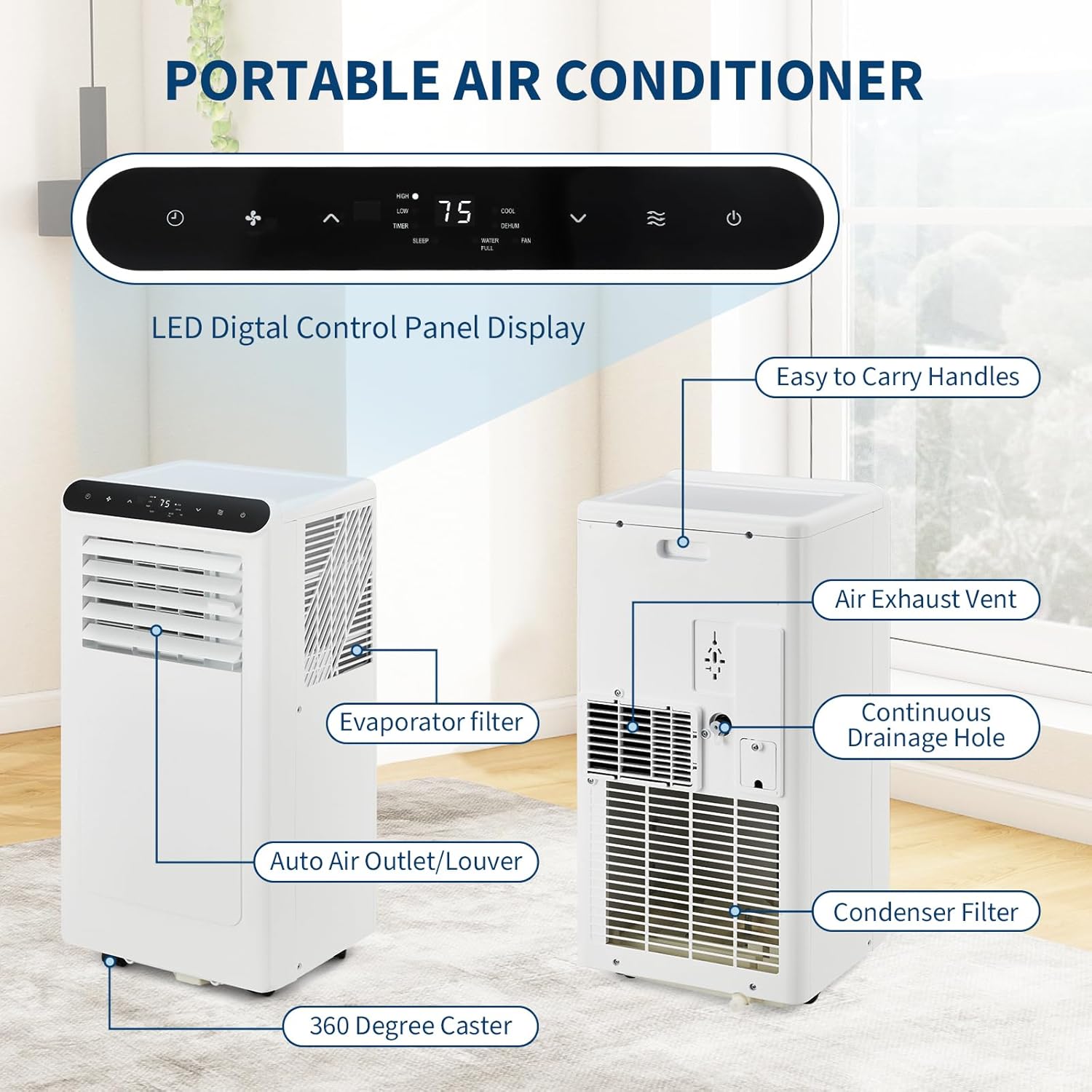 Garvee 10000BTUs Portable Air Conditioner, 3-In-1 Stand UP AC Unit with Heater, Dehumidifier, Fan Modes for Room Up to 450 Sq. Ft, Auto Swing, 24 Timer, White