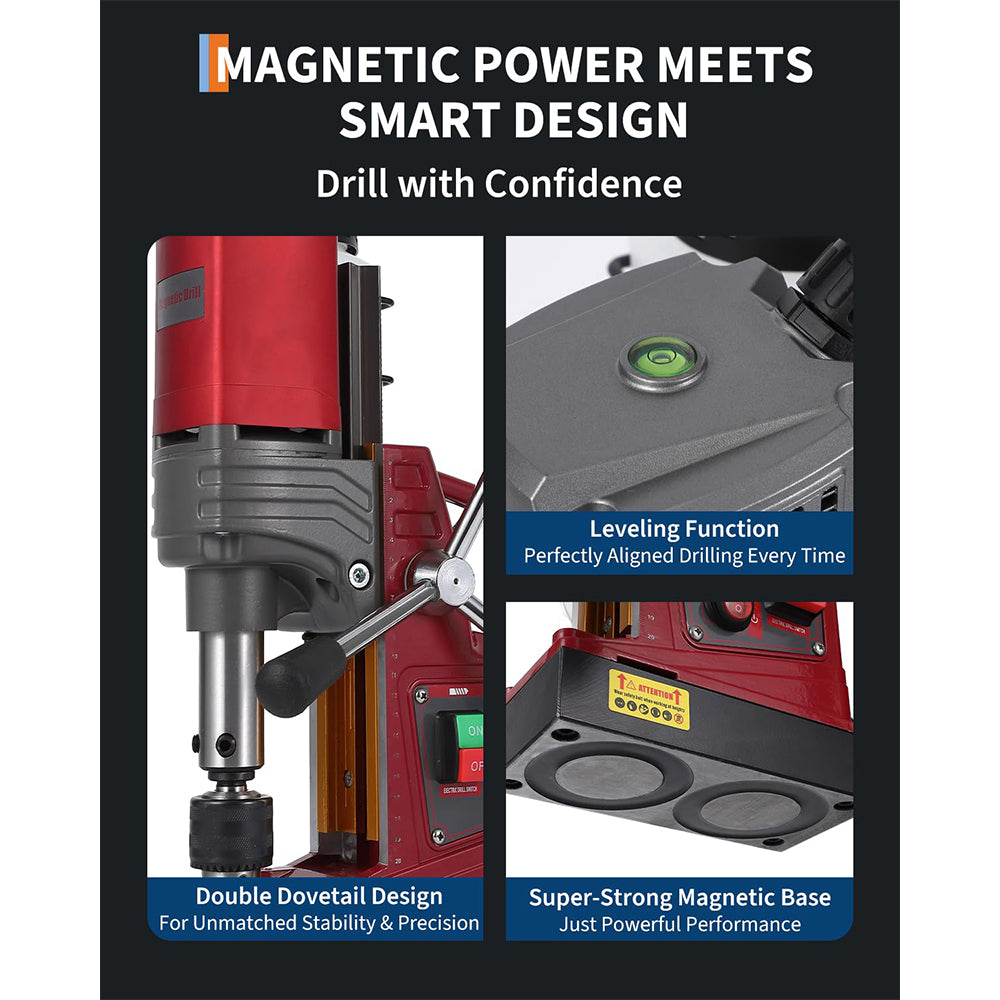 Garvee Magnetic Drill Press - 1.57" Boring Diameter, 820 RPM, 2922 lbf/13000N, 1450W Portable Magnetic Drill Kit with Adapter, Double Dovetail, Electric Drilling Machine for Home and Industry