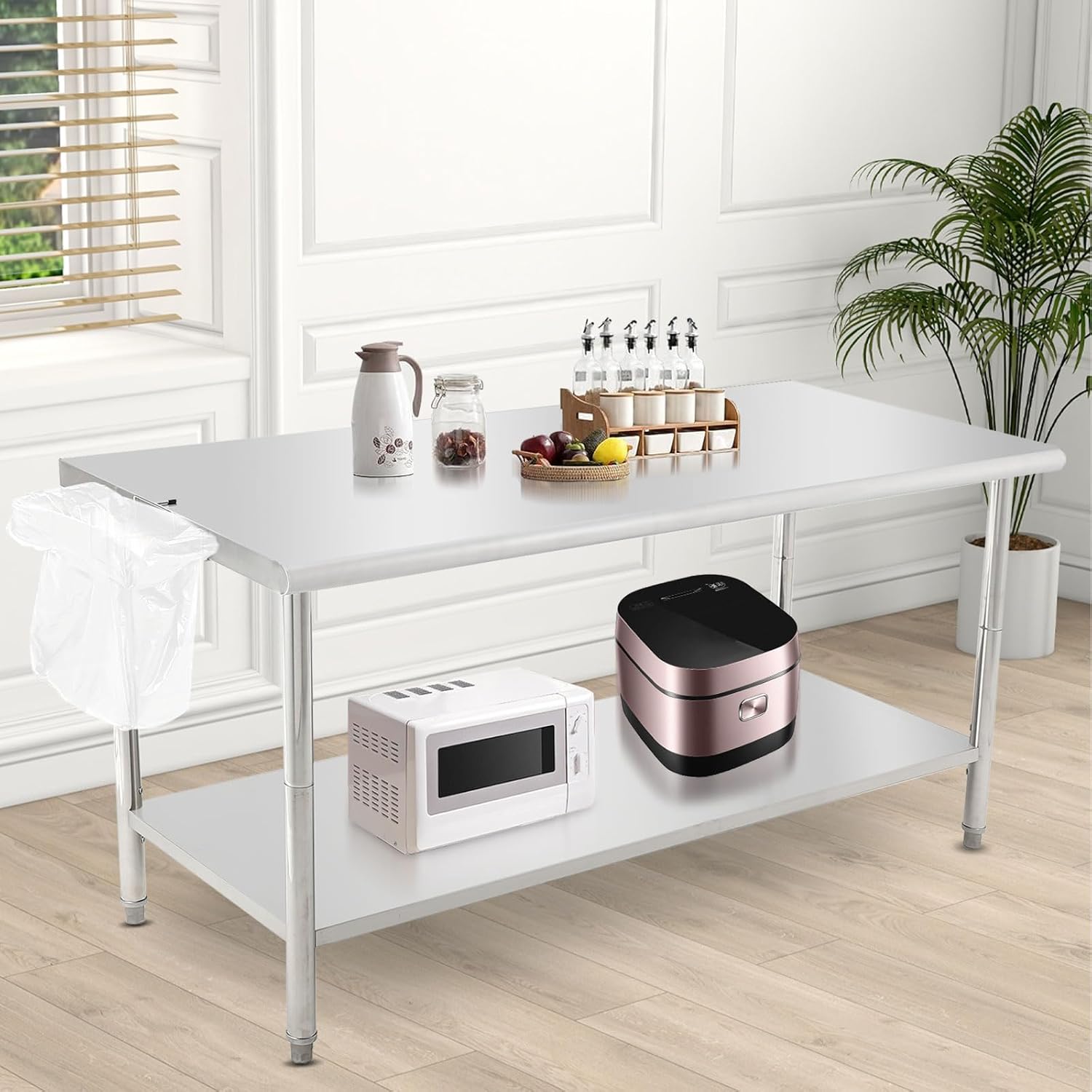 Garvee 72"L x 30"W x 35"H Stainless Steel Food Prep Table Heavy Duty Metal Kitchen Work Table with Removable Trash Rack, Utility Table with Adjustable Under Shelf for Commercial Kitchen Restaurant