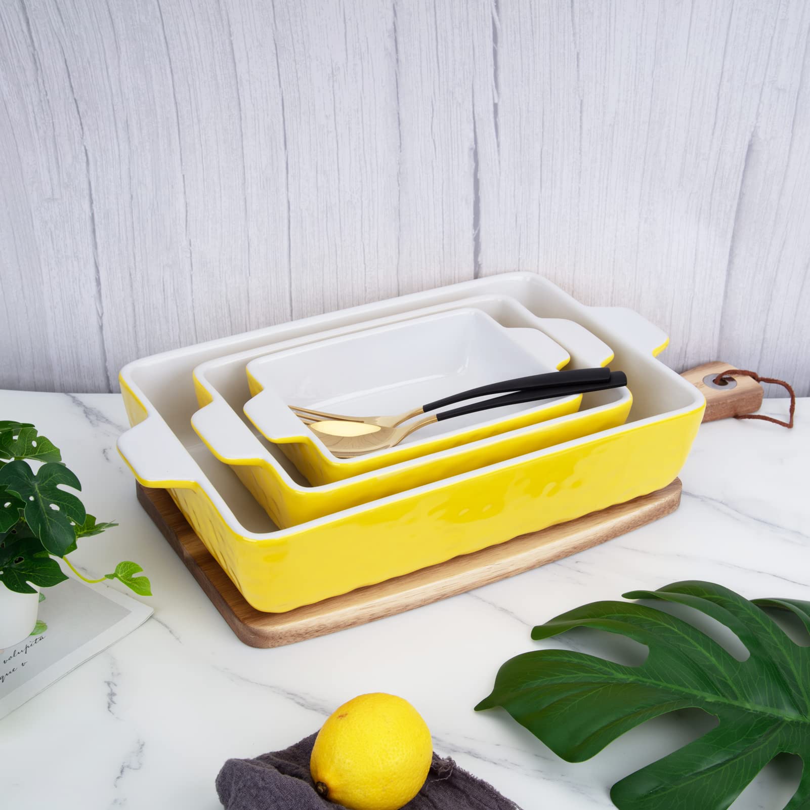 Garvee Ceramic Baking Dish Set of 3, Rectangular Casserole Dish for Oven with Handles, Deep Lasagna Baking Pans for Cooking, Kitchen, Cake Dinner, Banquet, Daily Use, Yellow