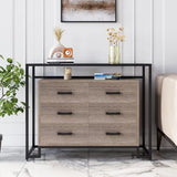Garvee 6 Drawer Dresser with Wide Storage Space, Wood & Steel Frame, Tempered Glass Top, Rustic Brown, Bedroom - brown