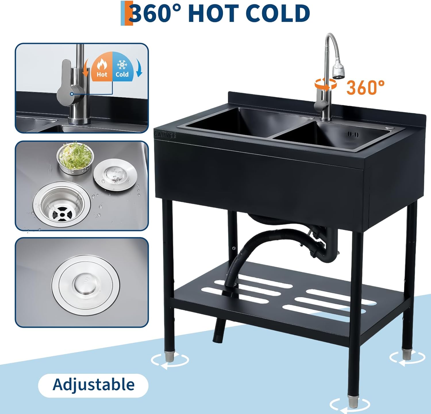 Garvee 22"D X 37"W X 39"H Freestanding Stainless Steel Double Bowl Kitchen basin - 360° Rotating Faucet - Durable, Rust Proof, Easy to Clean - Modern Black Finish - For Home, Kitchen, Bar, Laundry
