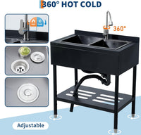 Garvee 22"D X 37"W X 39"H Freestanding Stainless Steel Double Bowl Kitchen basin - 360° Rotating Faucet - Durable, Rust Proof, Easy to Clean - Modern Black Finish - For Home, Kitchen, Bar, Laundry