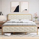 Garvee King Size Bed Frame with Elegant Button Tufted Curved Headboard, Velvet Upholstered Platform Bed Frame, Golden Heavy Duty Mattress Foundation, Noise Free, No Box Spring Needed, Gold-Beige - Gold + Off White