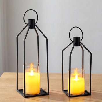 Garvee 2 Pack Black Metal Candle Lanterns with Glass Hurricane, 12 and 15 Inch Tall Hanging Lantern Candle Holders for Outdoor Indoor Decor, Rustic Table Centerpiece for Wedding Farmhouse Fireplace