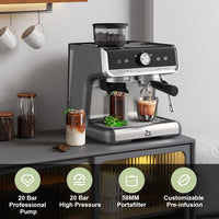 Garvee 1450W 120V 20 Bar Espresso Machine with Steam Wand, Fast Heat,Built-In Bean Grinder,for Home Barista, Gifts for Dad,Mom,Coffee Lover- Gray