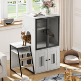 Garvee Cat Litter Box Enclosure With Doors Double Cat House Storage Space Ladder Retro White 22.6"L x 17.7"W x 10.9"H - Retro White