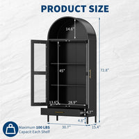 Garvee 73" Tall Arched Pantry Cabinet with 2 Adjustable Shelves & Drawers, Modern Farmhouse Arched Bookcase with Glass Door, Freestanding Display Cabinet for Living Room, Home Office, Black