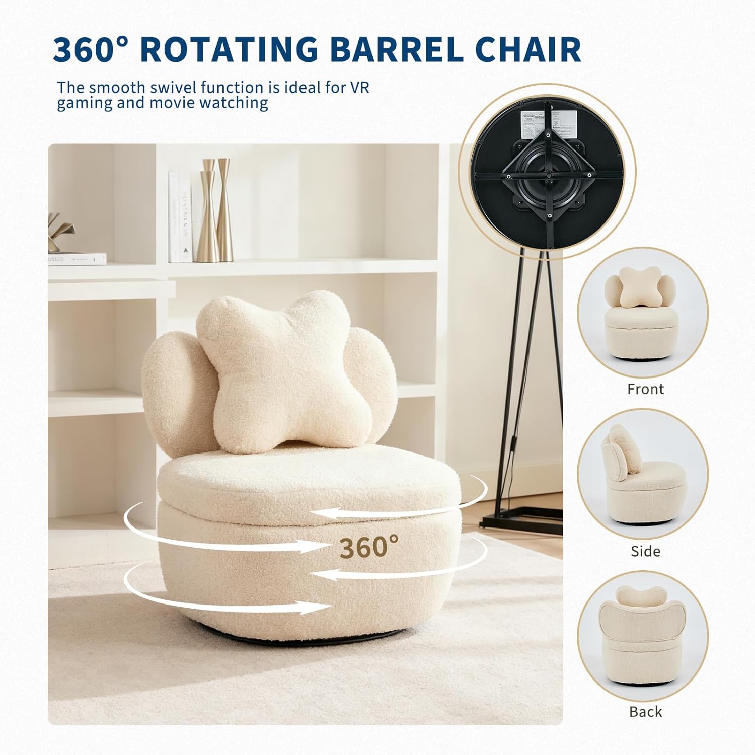 Garvee 360° Swivel Armchair with Storage, Teddy Velvet Accent Chair with Pillow, Ergonomic Design, 300 Lbs Capacity, Easy Assembly, Modern Lounge Chair for Living Room, Bedroom & Office, Camel