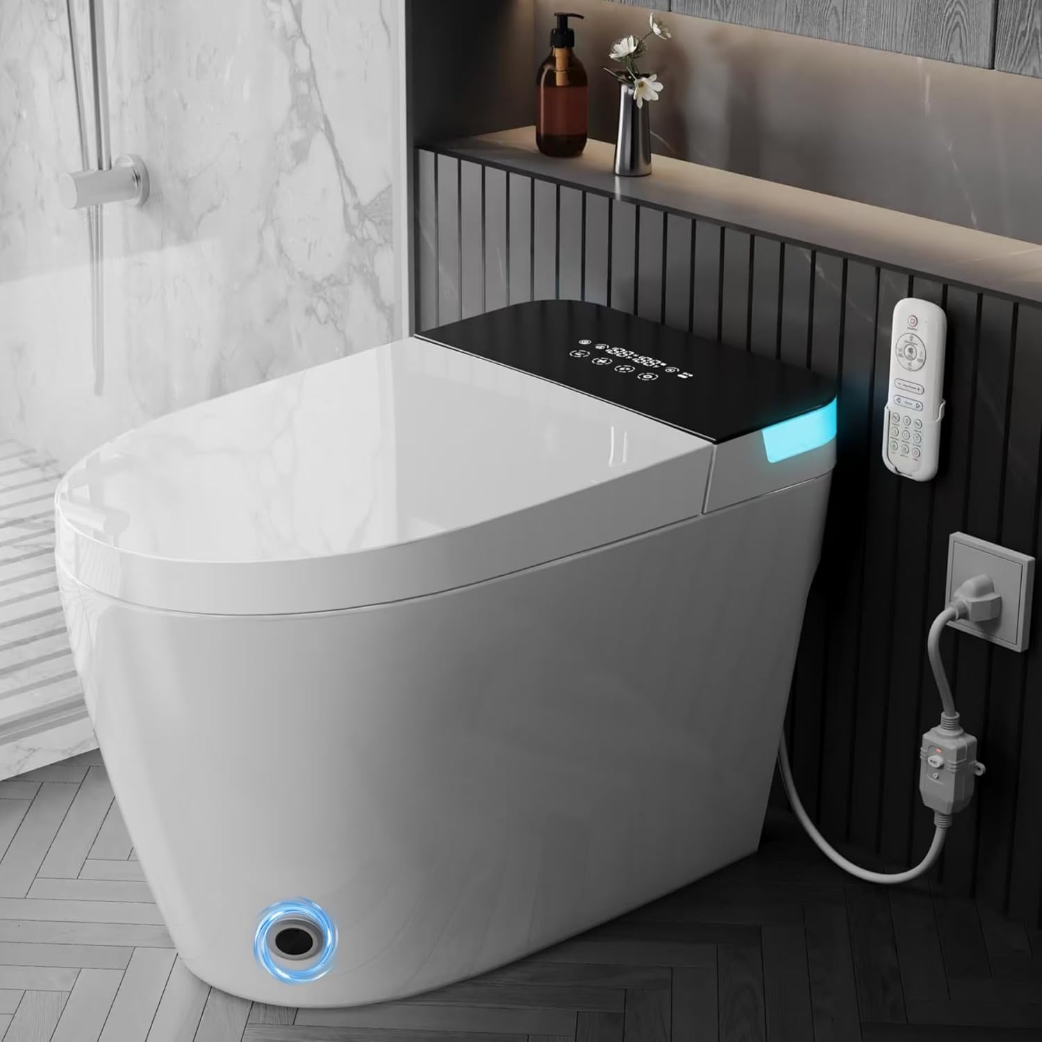 Garvee Luxury Smart Toilet with Bidet, Auto Open/Close Lid, Tankless Flush, Instant Warm Water, Heated Seat, Warm Air Dryer, Touchless Flush, Night Light for Bathroom, Black & White