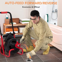 Garvee 100Ft x 3/8 Inch Drain Cleaner Machine, Auto-feed Electric Drain Auger Professional 6.8A, Air-Activated Foot Switch, with 6 Cutters, Glove, Drain Auger Cleaner Sewer Snake