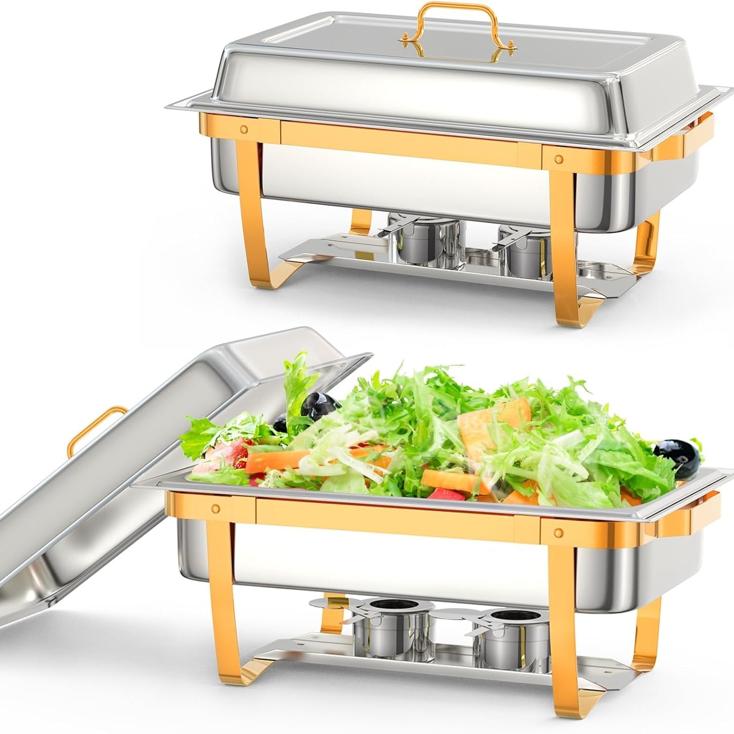 Garvee 8QT Stainless Steel Chafing Dish Buffet Set (2-Pack) - Foldable Food Warmers with Lids & Fuel Cans for Weddings, Catering, and Parties (Gold)