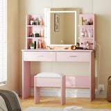 Garvee Vanity Desk with Lighted Mirror, Makeup Vanity Set with Power Outlet, Cushioned Stool, Vanity Table with 6 Storage Shelves, 2 Large Drawers and 3 Color Light Adjustable Brightness (Pink) - Pink