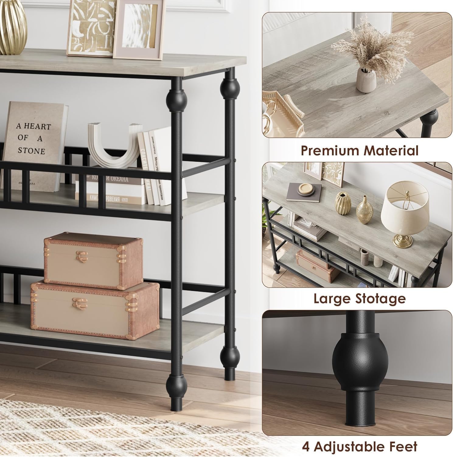 Garvee Console Table 3-Tier Narrow Entryway Storage, 43" Behind Couch Table, MDF Wood & Metal, Adjustable Footpads, Living Room, Foyer, Bedroom