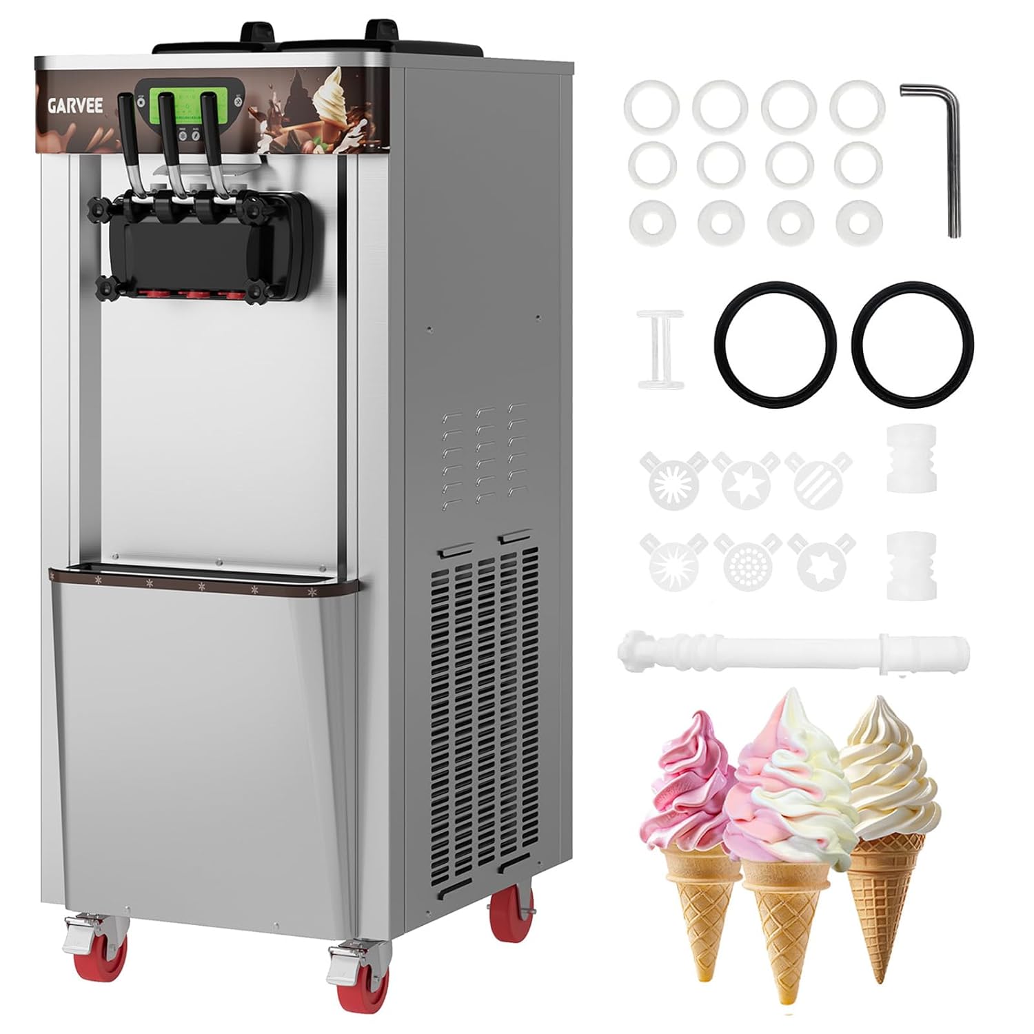 Garvee 2+1 Flavors 2600W Commercial Soft Serve Ice Cream Machine,220V, 11.0-12.2 Gal/H Soft Serve Ice Cream Maker with LED display, Self-Cleaning, High Productivity Equipment for Restaurant & Snack Bar