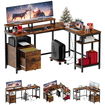 Garvee L Shaped Computer Desk, 67" Reversible Gaming Desk with Power Outlet, File Drawer, 2 Monitor Stands & Adjustable Storage Shelf, Home Office Desks, 3 Installation Types, Rustic Brown