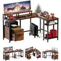 Garvee L Shaped Computer Desk, 67" Reversible Gaming Desk with Power Outlet, File Drawer, 2 Monitor Stands & Adjustable Storage Shelf, Home Office Desks, 3 Installation Types, Rustic Brown