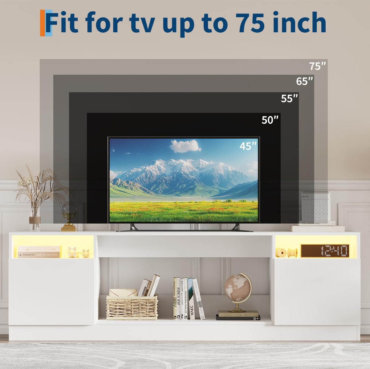 Garvee Modern TV Stand for TV Up to 75" TV, 70 ''White Television Console Table Cabinets With Storage,Wooden Entertainment Center for Living Room, Fits Into 36'' Electric Fireplace(Not Included Fireplace)