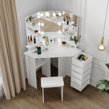 Garvee Corner Makeup Vanity Desk with Lights & Power Outlet - Tri-Folding Mirror, 5 Rotating Drawers, Adjustable Brightness, Ample Storage, Stool Included, Suitable for Bedroom - White