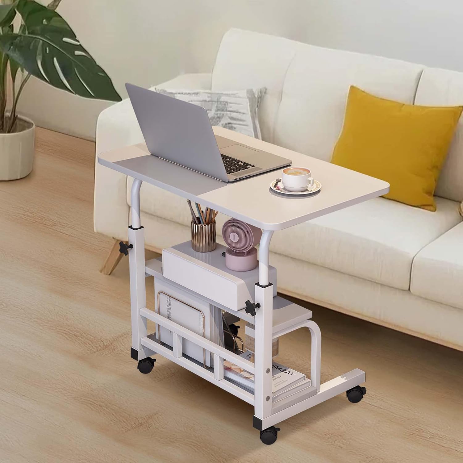 Garvee Adjustable Height Mobile Standing Desk, Portable Bedside Desk with Storage Shelves, Compact Laptop Desk for Home Office, Study, Small Spaces, Bedroom, White, 23.6"x15.7"