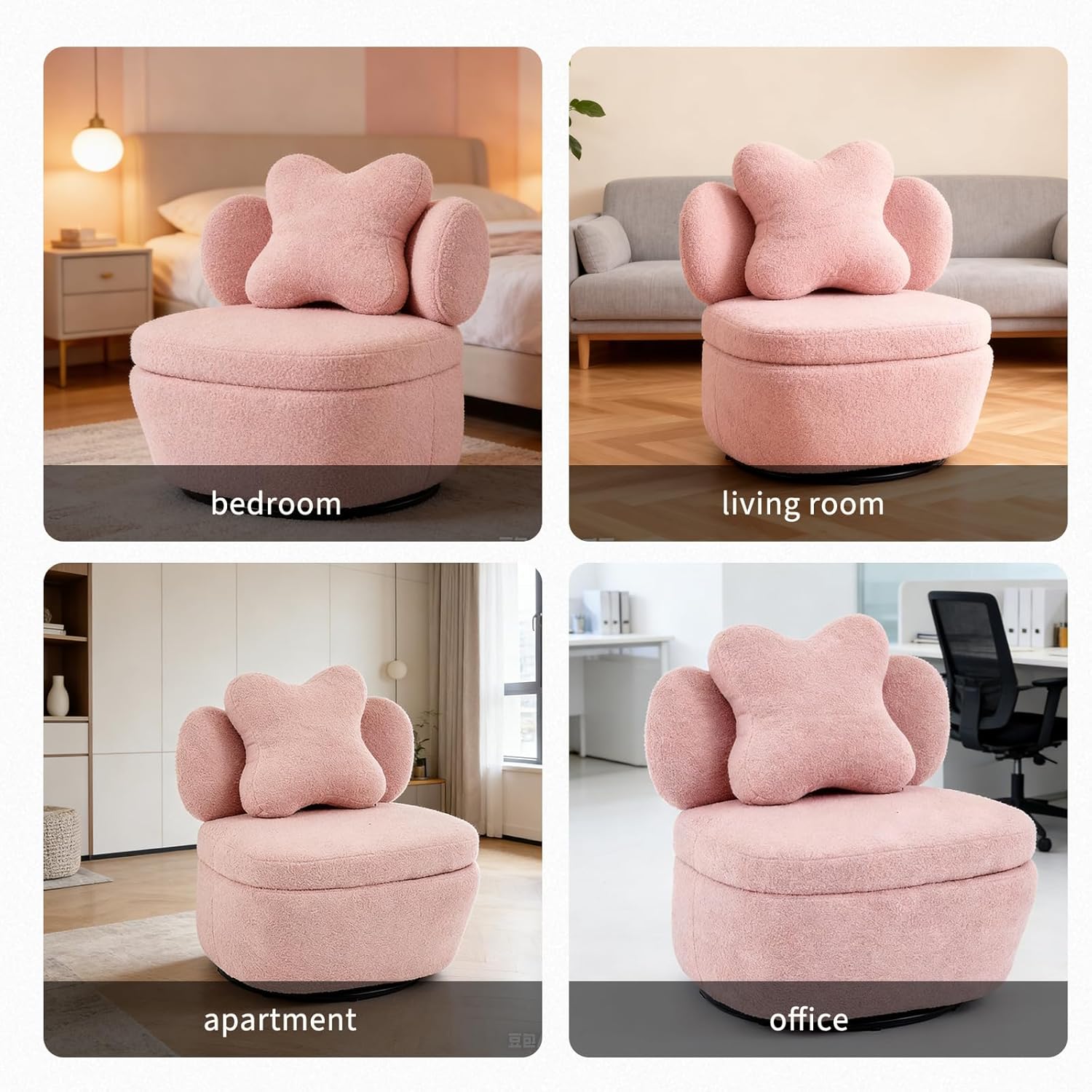 Garvee 360° Swivel Armchair with Storage, Teddy Velvet Accent Chair with Pillow, Ergonomic Design, 300 Lbs Capacity, Easy Assembly, Modern Lounge Chair for Living Room, Bedroom & Office, Pink