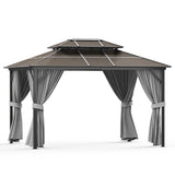 Garvee 10'x13' Hardtop Gazebo - Double Polycarbonate Roof & Aluminum Frame w/ Net & Curtain for Patio, Deck & Backyard (Grey) - Grey