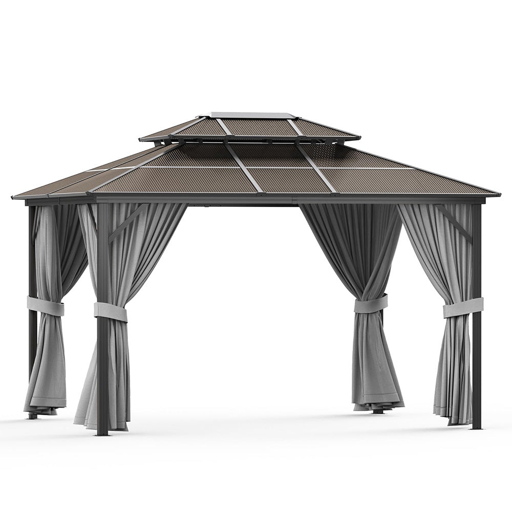 Garvee 10'x13' Hardtop Gazebo - Double Polycarbonate Roof & Aluminum Frame w/ Net & Curtain for Patio, Deck & Backyard (Grey)