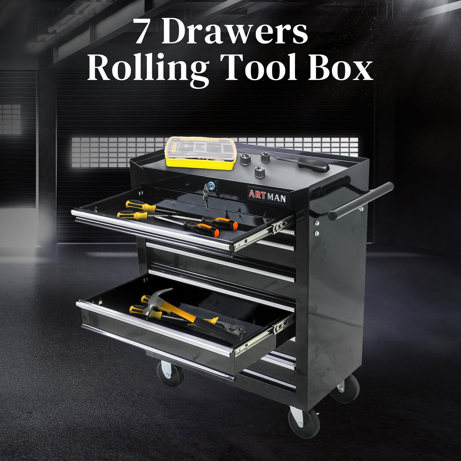 Garvee 7-Drawer Metal Rolling Tool Chest with Wheels,Heavy Duty Tool Storage Cabinet with Locking System,Toolbox with Wheels for Garage, Warehouse, Workshop, Repair Shop
