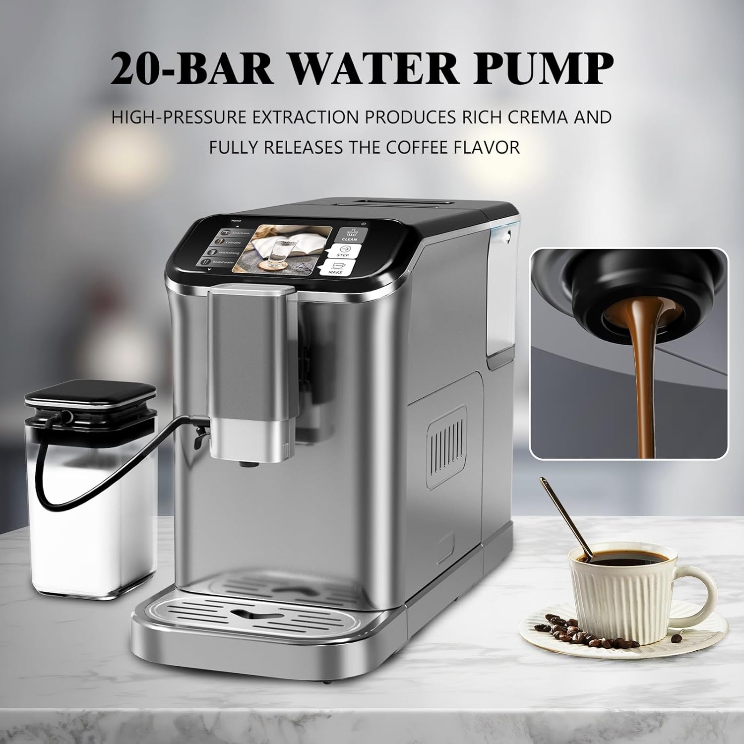Garvee Fully Automatic Espresso Machine 20 Bar, 1350W Espresso and Cappuccino Machine with Automatic Milk Frother, Gift for Coffee Lover