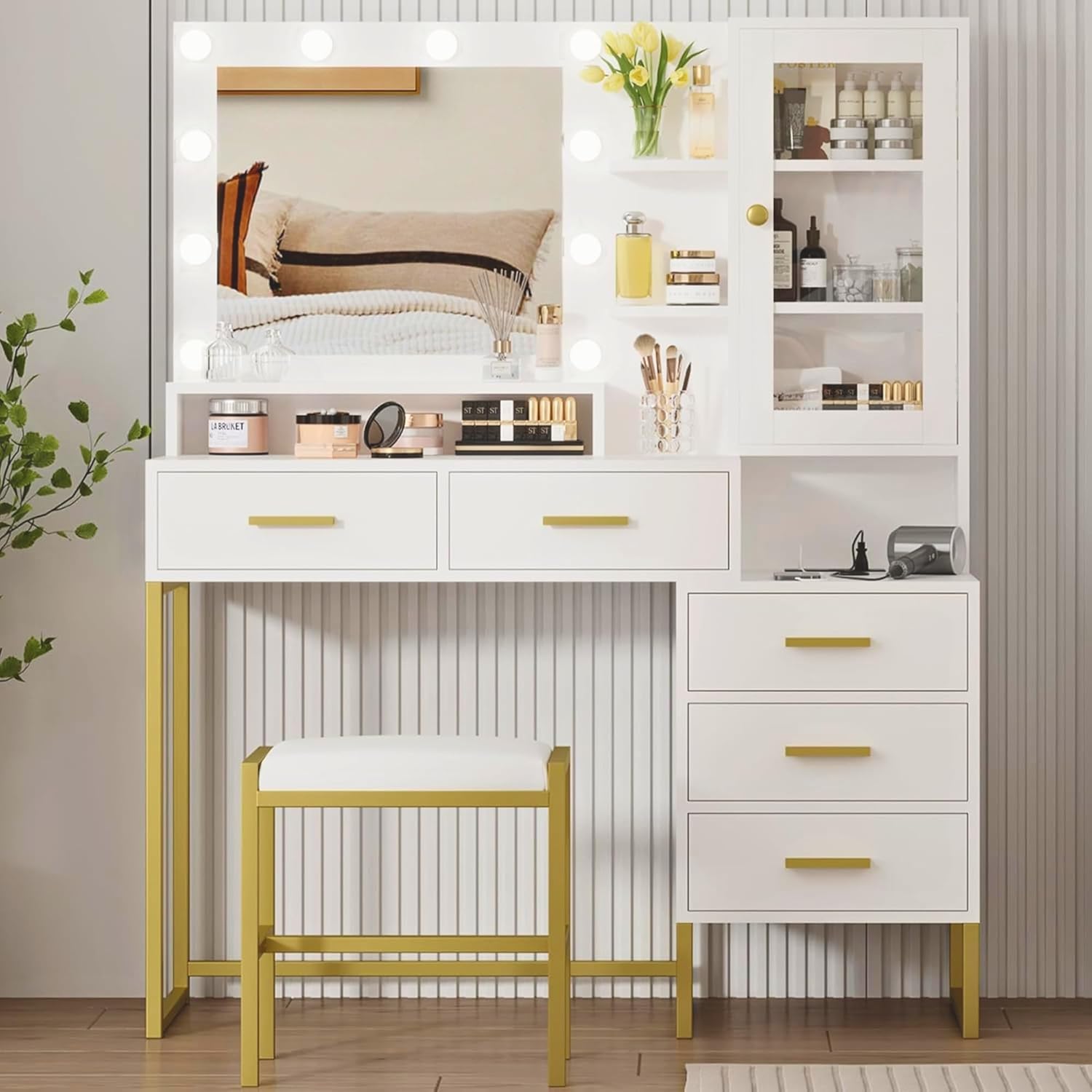 Garvee Makeup Vanity with Stool Charging Station, Vanity Desk with Mirror and Lights, Vanity Table Set with Storage Drawers Shelves, Makeup Dressing Table