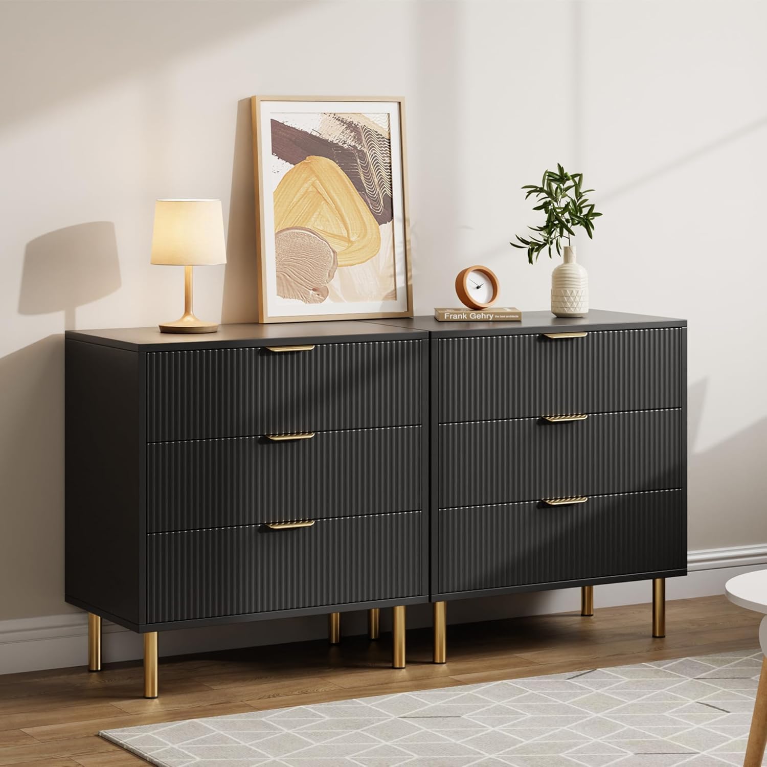 Garvee 3 Drawer Dresser for Bedroom, Modern Wooden Storage Chest with Gold Metal Handles, Anti-Tipping Design, Large Nightstand Organizer for Entryway, Hallway, Living Room, Black