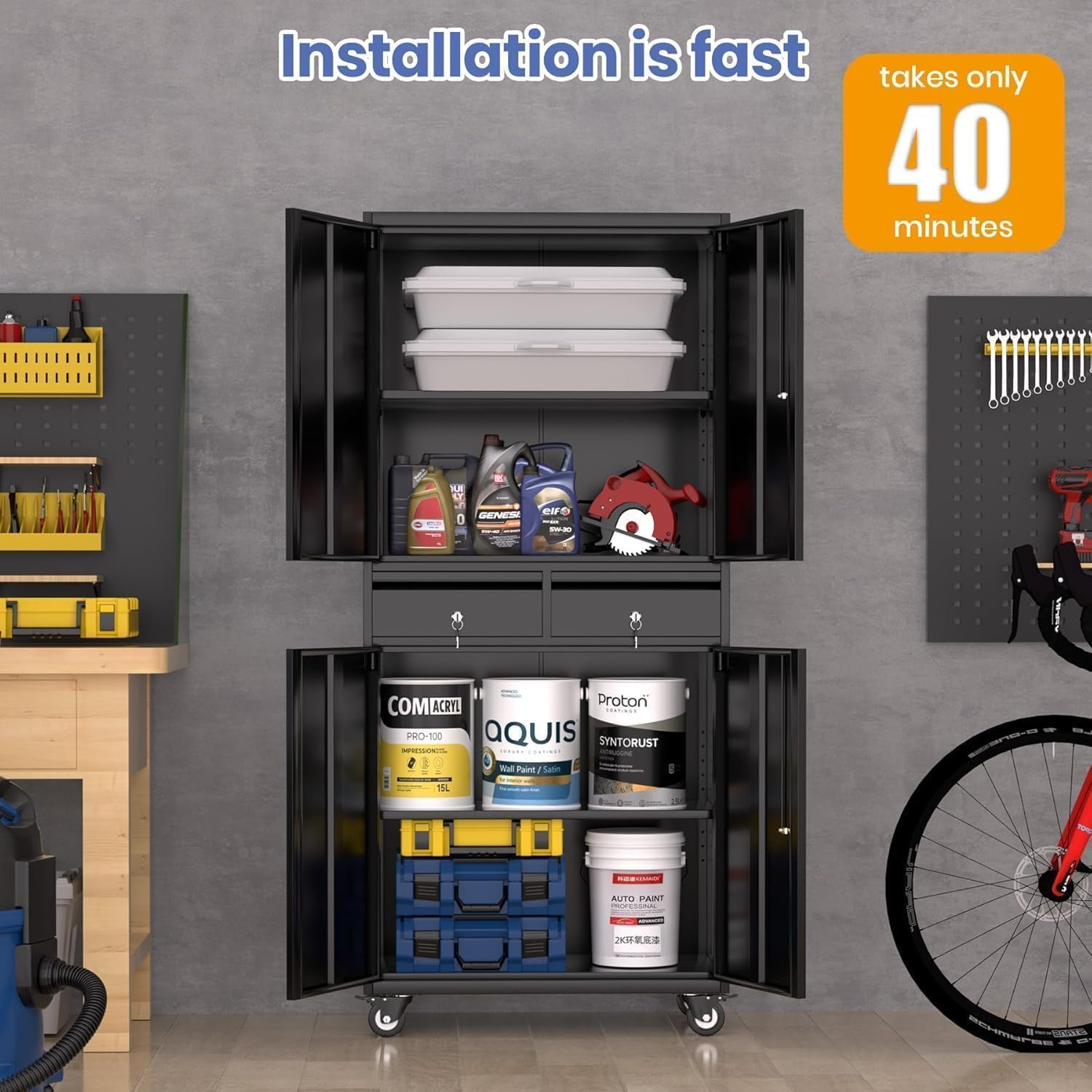 Garvee Heavy Duty 73" Metal File Cabinet with Lockable Wheels, Locking Doors, 2 Drawers, and Adjustable Shelves, Durable Mobile Storage Locker for Office Garage & Workshop, Black