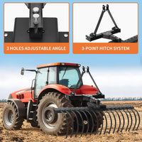 Garvee 50" Landscape Rake 3-Point Hitch CAT-0 CAT-1 Tractor 360° Rotation Replaceable Spring Steel Tines Quick Mount Carbon Steel Frame for Brush Clearing
