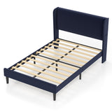 Garvee Full Upholstered Bed Frame with Wingback Headboard, Velvet, 2 Storage Pockets, Wooden Slat Support, Easy Assembly, Blue - Navy Blue