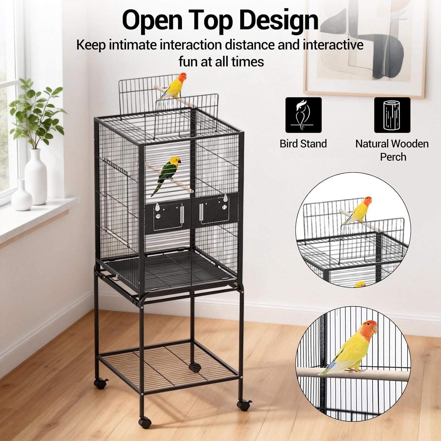 Garvee Bird Cage with Wheels, Durable Wrought Iron Parakeet Cage with Slide Out Tray, 63 Inch Black Bird Cages for Parakeets Lovebird Cockatiels Budgies and Other Small Medium Birds, Black