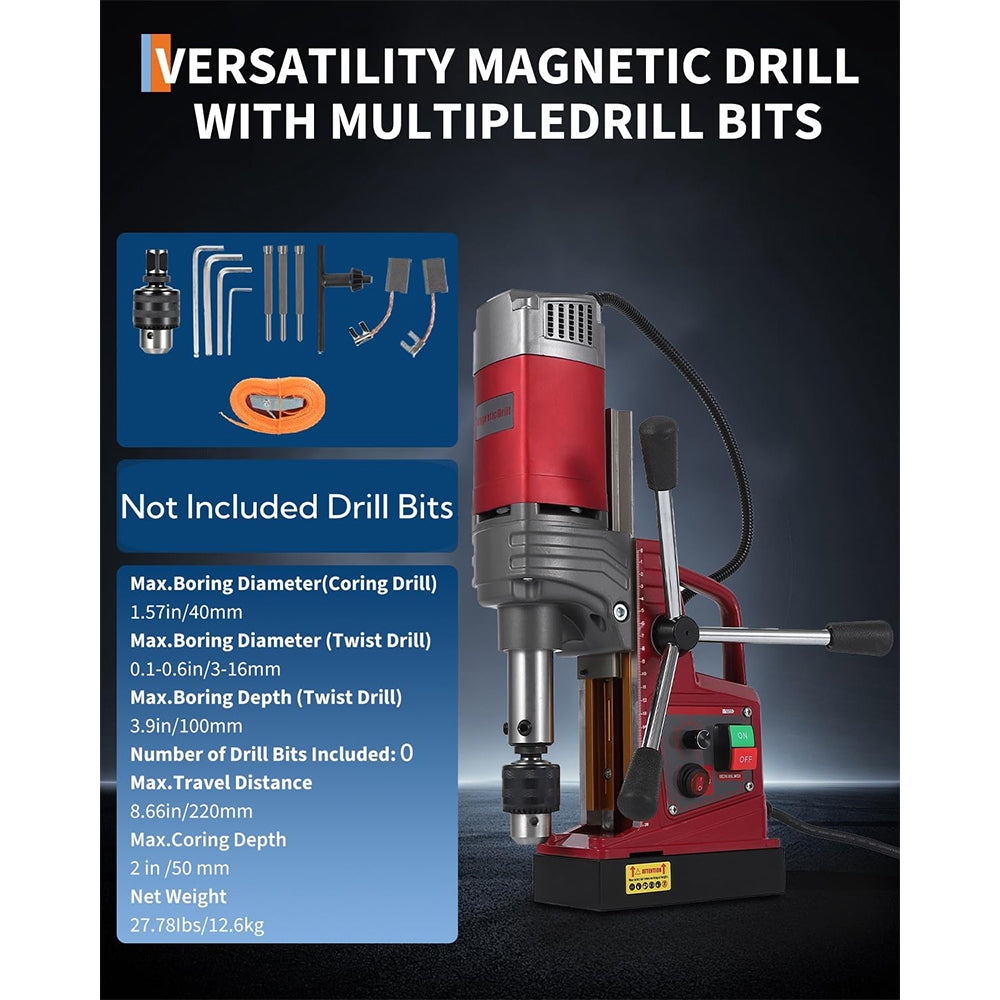 Garvee Magnetic Drill Press - 1.57" Boring Diameter, 820 RPM, 2922 lbf/13000N, 1450W Portable Drill Kit with 10-Speed Adjustment, Double Dovetail, and Adapter for Home and Industrial Use