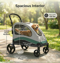 Garvee Foldable Dog Stroller, Large Dog Carrier with 360° Wheels, Adjustable Handle & Storage Pocket, Portable Puppy Travel Strollers, Pet Wagon for Large Dogs, 135 Lbs Capacity, Green