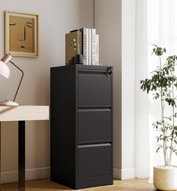 Garvee 3-Drawer File Cabinet with Lock, Heavy Duty Vertical Filing Cabinets for Home Office, Secure Locking Metal Steel Storage Cabinet for Letter/Legal Size File, Assembly Required, Black