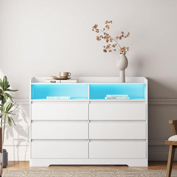 Garvee Dresser With 6 Drawer Storage Cubby LED Lights Wide TV Stand For Living Room Bedroom Entryway 51.18x15.75x38.39in White