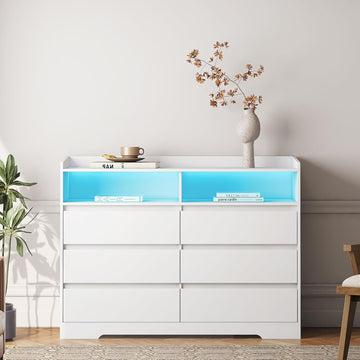 Garvee Dresser With 6 Drawer Storage Cubby LED Lights Wide TV Stand For Living Room Bedroom Entryway 51.18x15.75x38.39in White
