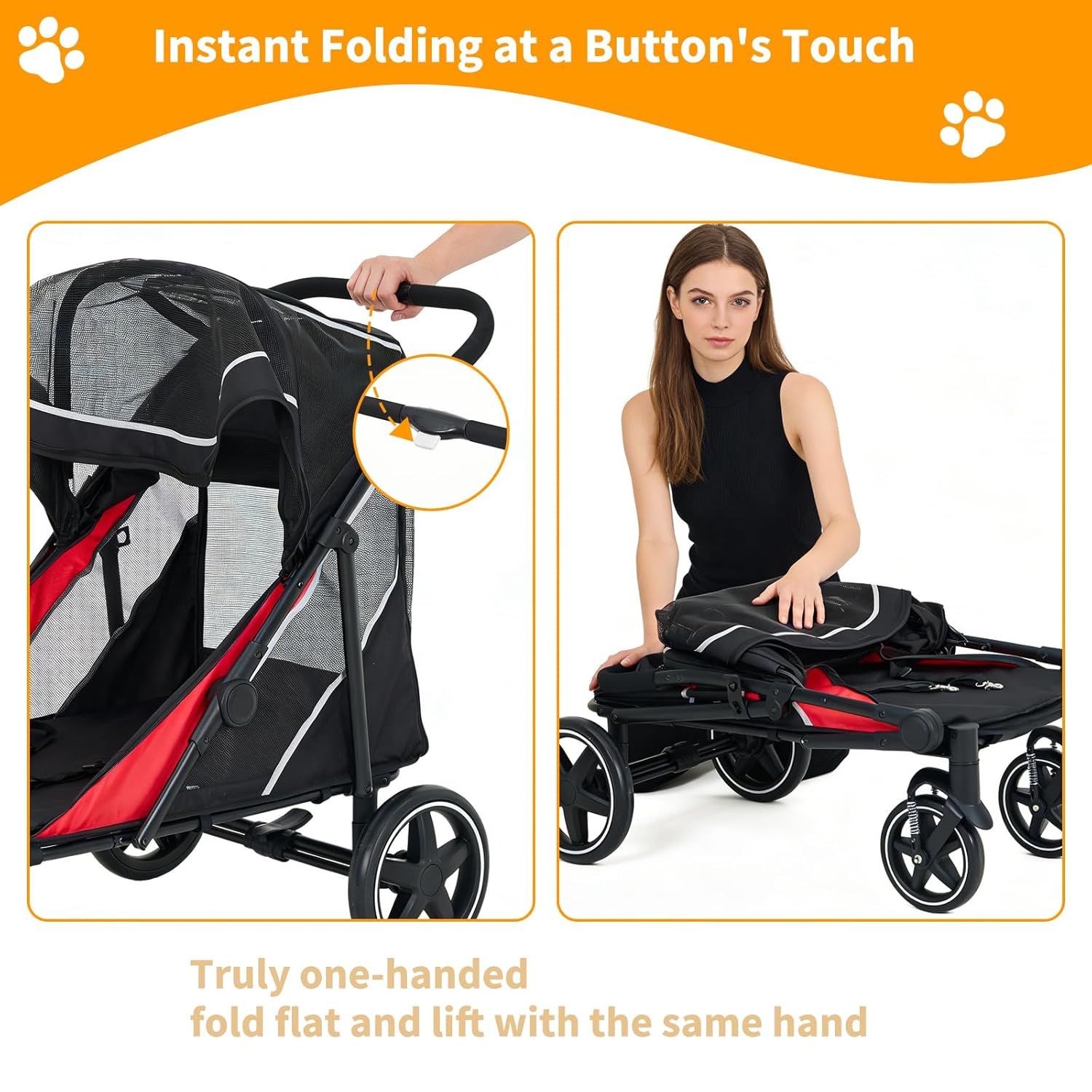 Garvee Large Dog Stroller for Large Dogs 88 lbs, One-Step Fold Pet Stroller with 11" All-Terrain Wheels, 360° Rotatable Front Wheels & Brakes, Heavy Duty, Dual Entry Doors for Senior Dogs, Red